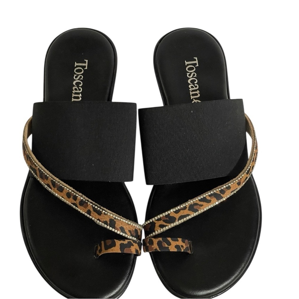TOSCANELLA BLACK & LEOPARD PRINT WITH RHINESTONES TOE SANDALS SZ 6.5 MED EUC
